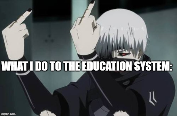 Tokyo Ghoul Fauk | WHAT I DO TO THE EDUCATION SYSTEM: | image tagged in tokyo ghoul fauk | made w/ Imgflip meme maker