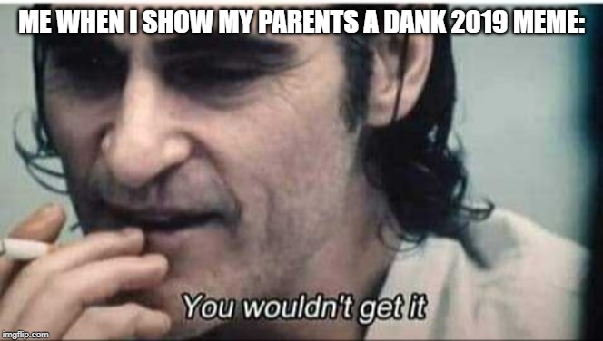 You wouldn't get it | ME WHEN I SHOW MY PARENTS A DANK 2019 MEME: | image tagged in you wouldn't get it | made w/ Imgflip meme maker