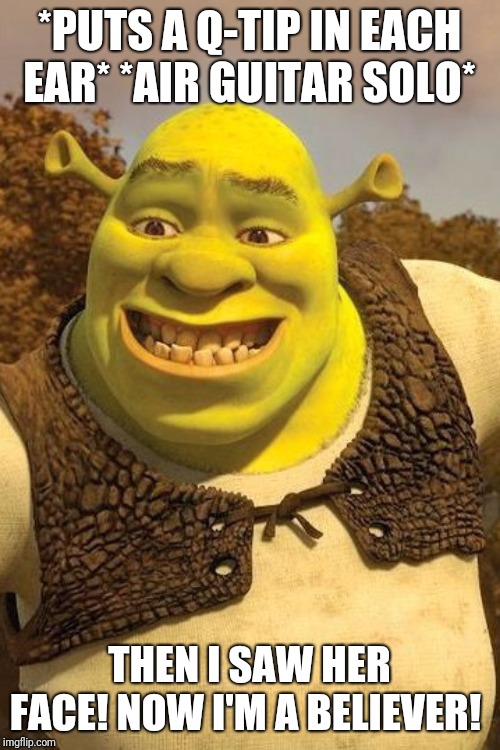 Smiling Shrek | *PUTS A Q-TIP IN EACH EAR* *AIR GUITAR SOLO*; THEN I SAW HER FACE! NOW I'M A BELIEVER! | image tagged in smiling shrek | made w/ Imgflip meme maker