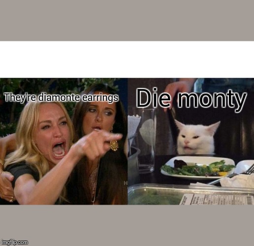 Woman Yelling At Cat Meme | Die monty; They're diamonte earrings | image tagged in memes,woman yelling at cat | made w/ Imgflip meme maker