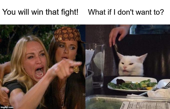 Woman Yelling At Cat Meme | You will win that fight! What if I don't want to? | image tagged in memes,woman yelling at cat | made w/ Imgflip meme maker