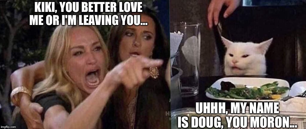 woman yelling at cat | KIKI, YOU BETTER LOVE ME OR I'M LEAVING YOU... UHHH, MY NAME IS DOUG, YOU MORON... | image tagged in woman yelling at cat | made w/ Imgflip meme maker