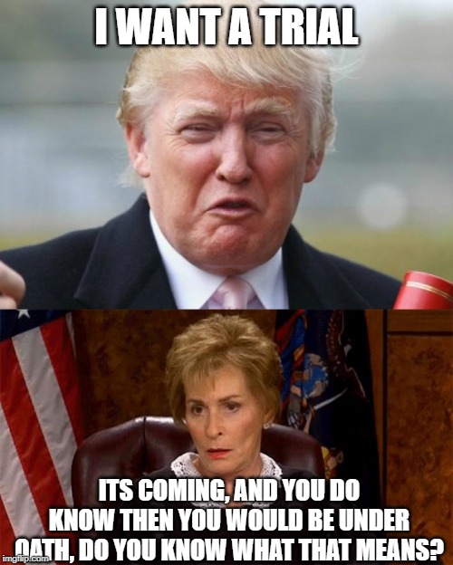 Swampy Swamp | I WANT A TRIAL; ITS COMING, AND YOU DO KNOW THEN YOU WOULD BE UNDER OATH, DO YOU KNOW WHAT THAT MEANS? | image tagged in judge judy unimpressed,trump crybaby,impeach trump,maga,politics,memes | made w/ Imgflip meme maker