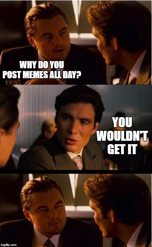 Inception Meme | WHY DO YOU POST MEMES ALL DAY? YOU WOULDN'T GET IT | image tagged in memes,inception,random | made w/ Imgflip meme maker