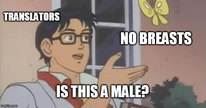 Is This a Pigeon | TRANSLATORS; NO BREASTS; IS THIS A MALE? | image tagged in is this a pigeon | made w/ Imgflip meme maker