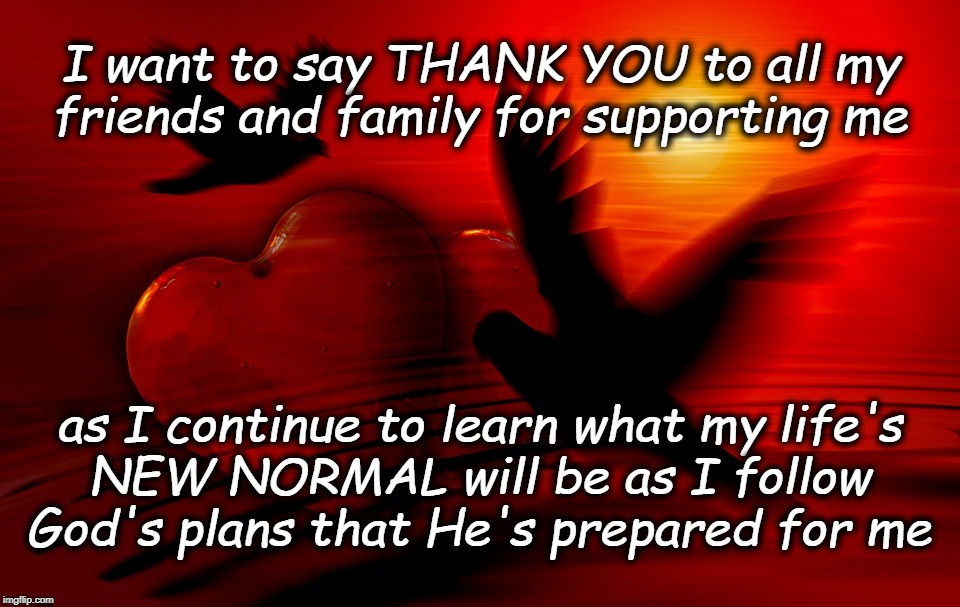 Thank you - Widow New Normal | I want to say THANK YOU to all my
friends and family for supporting me; as I continue to learn what my life's
NEW NORMAL will be as I follow
God's plans that He's prepared for me | image tagged in thank you - widow new normal | made w/ Imgflip meme maker