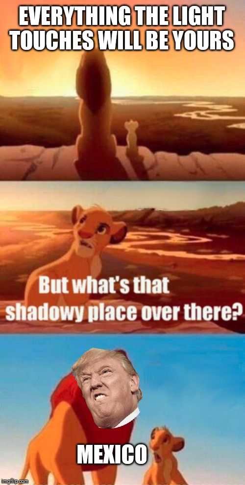 Simba Shadowy Place Meme |  EVERYTHING THE LIGHT TOUCHES WILL BE YOURS; MEXICO | image tagged in memes,simba shadowy place | made w/ Imgflip meme maker
