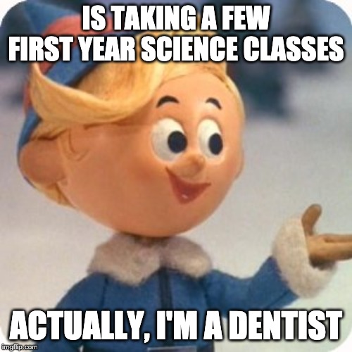 Hermey | IS TAKING A FEW FIRST YEAR SCIENCE CLASSES; ACTUALLY, I'M A DENTIST | image tagged in hermey | made w/ Imgflip meme maker