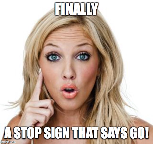Dumb blonde | FINALLY A STOP SIGN THAT SAYS GO! | image tagged in dumb blonde | made w/ Imgflip meme maker
