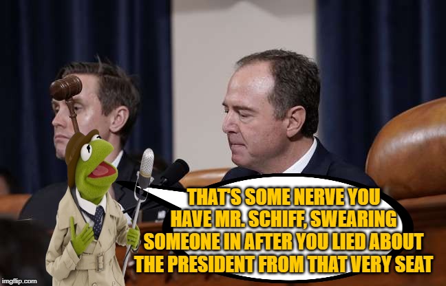 Frogs reporting on kangaroo courts | THAT'S SOME NERVE YOU HAVE MR. SCHIFF, SWEARING SOMEONE IN AFTER YOU LIED ABOUT THE PRESIDENT FROM THAT VERY SEAT | image tagged in trump impeachment,adam schiff,trump 2020,maga | made w/ Imgflip meme maker