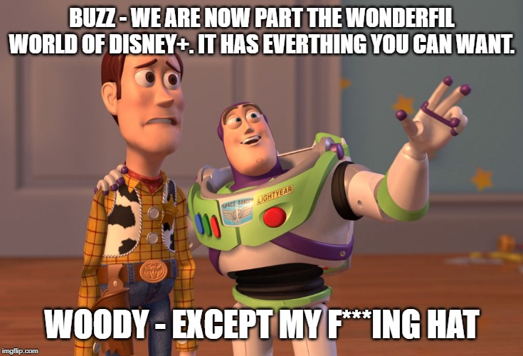 X, X Everywhere Meme | BUZZ - WE ARE NOW PART THE WONDERFIL WORLD OF DISNEY+. IT HAS EVERTHING YOU CAN WANT. WOODY - EXCEPT MY F***ING HAT | image tagged in memes,x x everywhere | made w/ Imgflip meme maker
