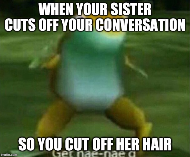 Get nae-nae'd | WHEN YOUR SISTER CUTS OFF YOUR CONVERSATION; SO YOU CUT OFF HER HAIR | image tagged in get nae-nae'd | made w/ Imgflip meme maker