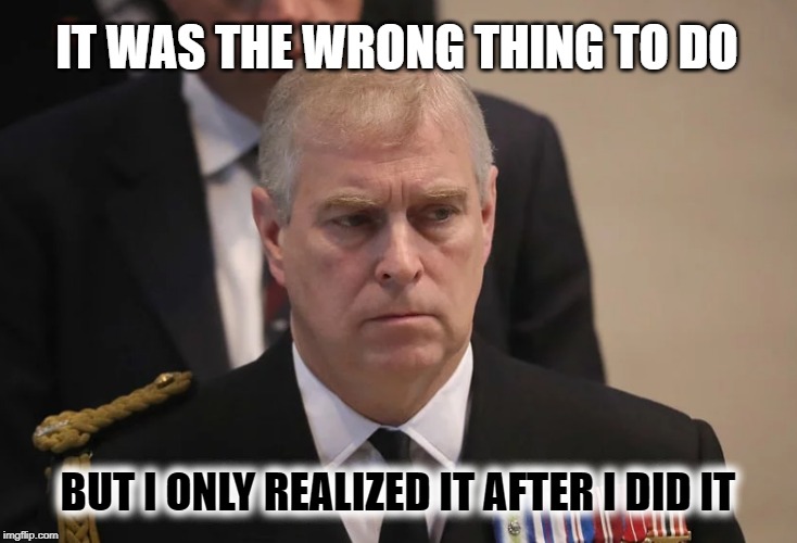 IT WAS THE WRONG THING TO DO; BUT I ONLY REALIZED IT AFTER I DID IT | image tagged in prince andrew,wrong,wrong neighboorhood cats,you're doing it wrong,wrong template,wrong neighborhood | made w/ Imgflip meme maker