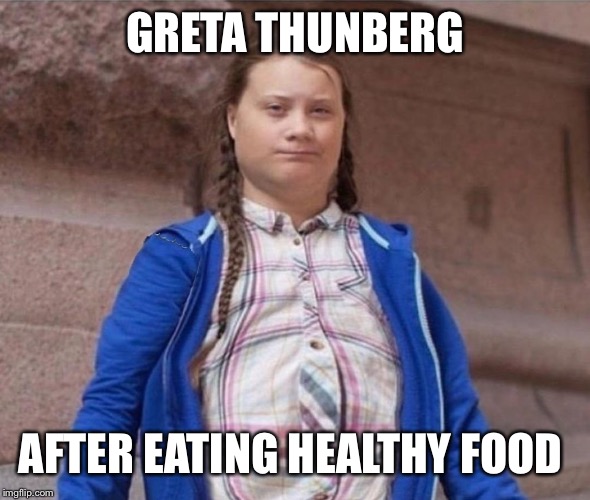 GRETA THUNBERG; AFTER EATING HEALTHY FOOD | image tagged in greta thunberg | made w/ Imgflip meme maker