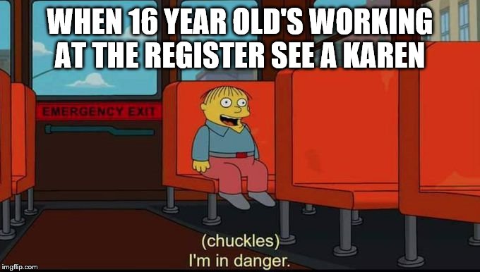 im in danger |  WHEN 16 YEAR OLD'S WORKING AT THE REGISTER SEE A KAREN | image tagged in im in danger | made w/ Imgflip meme maker