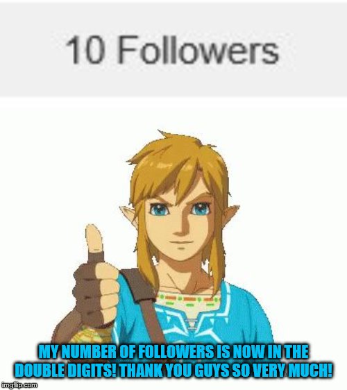 Thank you, my fellow Zelda fans/followers! | MY NUMBER OF FOLLOWERS IS NOW IN THE DOUBLE DIGITS! THANK YOU GUYS SO VERY MUCH! | image tagged in link thumbs up | made w/ Imgflip meme maker