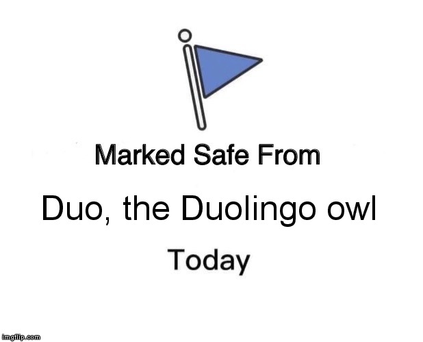 Marked Safe From | Duo, the Duolingo owl | image tagged in memes,marked safe from | made w/ Imgflip meme maker