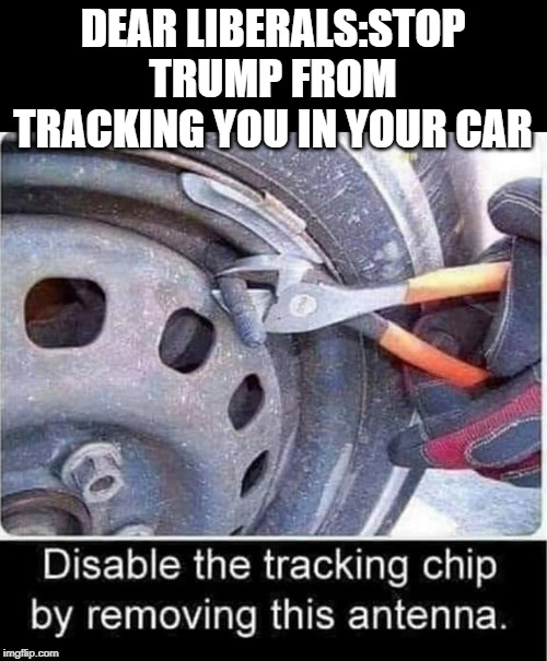 tracking device | DEAR LIBERALS:STOP TRUMP FROM TRACKING YOU IN YOUR CAR | image tagged in liberals,tracking device,foolish | made w/ Imgflip meme maker
