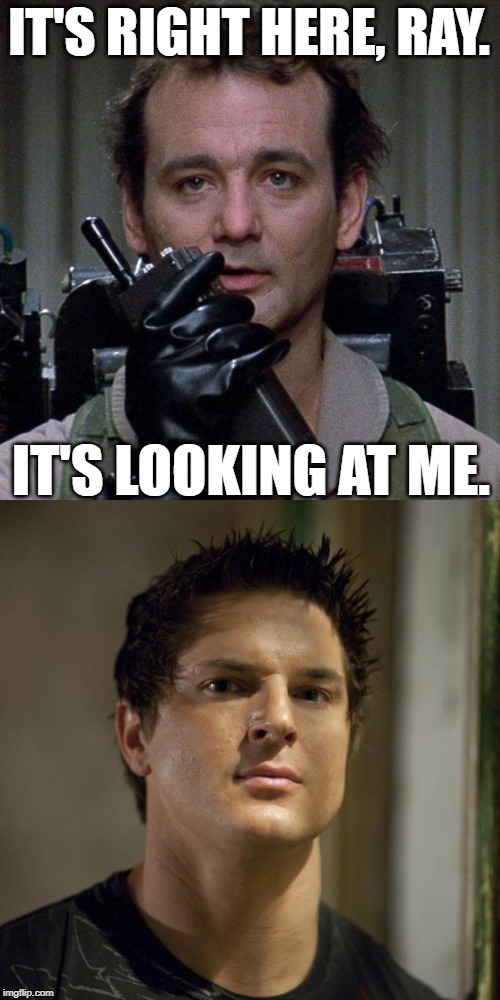 Zak Attack | IT'S RIGHT HERE, RAY. IT'S LOOKING AT ME. | image tagged in ghostbusters,zak bagans ghost adventures,movie quotes,funny memes,lol | made w/ Imgflip meme maker