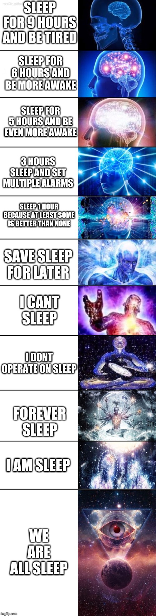 Big Brain Meme | SLEEP FOR 9 HOURS AND BE TIRED; SLEEP FOR 6 HOURS AND BE MORE AWAKE; SLEEP FOR 5 HOURS AND BE EVEN MORE AWAKE; 3 HOURS SLEEP AND SET MULTIPLE ALARMS; SLEEP 1 HOUR BECAUSE AT LEAST SOME IS BETTER THAN NONE; SAVE SLEEP FOR LATER; I CANT SLEEP; I DONT OPERATE ON SLEEP; FOREVER SLEEP; I AM SLEEP; WE ARE ALL SLEEP | image tagged in big brain meme | made w/ Imgflip meme maker