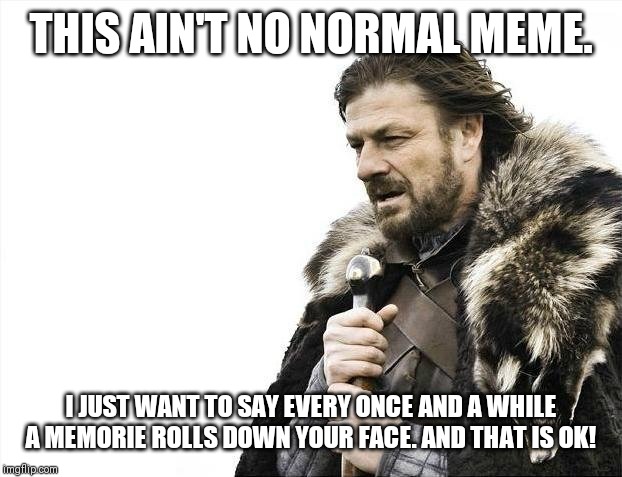 Brace Yourselves X is Coming | THIS AIN'T NO NORMAL MEME. I JUST WANT TO SAY EVERY ONCE AND A WHILE A MEMORIE ROLLS DOWN YOUR FACE. AND THAT IS OK! | image tagged in memes,brace yourselves x is coming | made w/ Imgflip meme maker