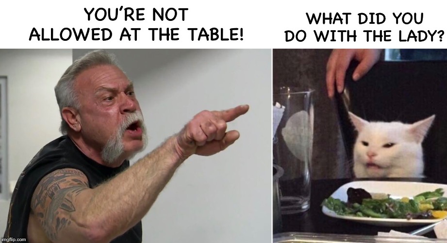 American chopper yelling at cat | WHAT DID YOU DO WITH THE LADY? YOU’RE NOT ALLOWED AT THE TABLE! | image tagged in american chopper argument,woman yelling at cat | made w/ Imgflip meme maker