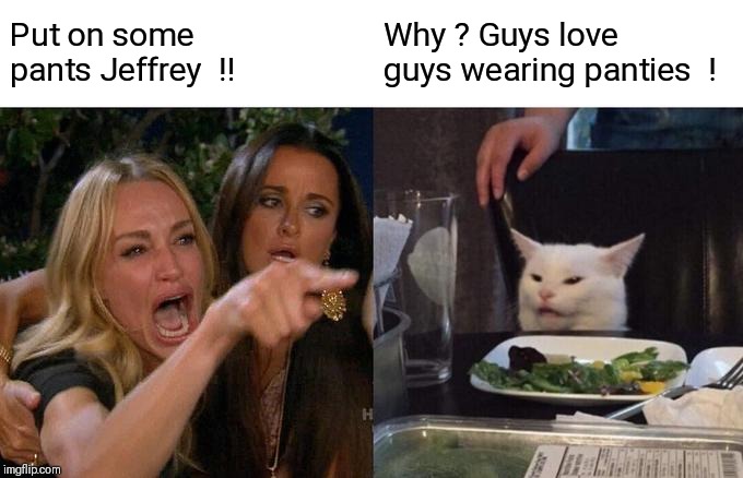 I think she's jealous  !! | Put on some pants Jeffrey  !! Why ? Guys love guys wearing panties  ! | image tagged in memes,woman yelling at cat,slut,jeffrey | made w/ Imgflip meme maker