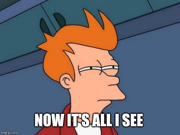 Futurama Fry Meme | NOW IT'S ALL I SEE | image tagged in memes,futurama fry | made w/ Imgflip meme maker