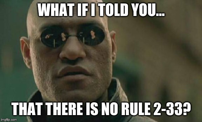 Matrix Morpheus Meme | WHAT IF I TOLD YOU... THAT THERE IS NO RULE 2-33? | image tagged in memes,matrix morpheus | made w/ Imgflip meme maker