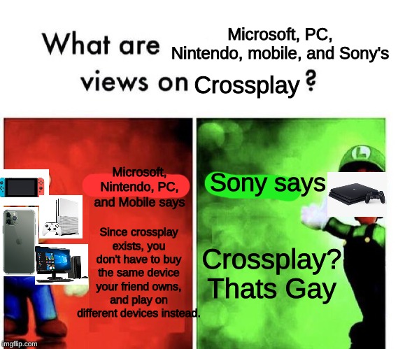 Mario Bros Views | Microsoft, PC, Nintendo, mobile, and Sony's; Crossplay; Microsoft, Nintendo, PC, and Mobile says; Sony says; Since crossplay exists, you don't have to buy the same device your friend owns, and play on different devices instead. Crossplay? Thats Gay | image tagged in mario bros views | made w/ Imgflip meme maker