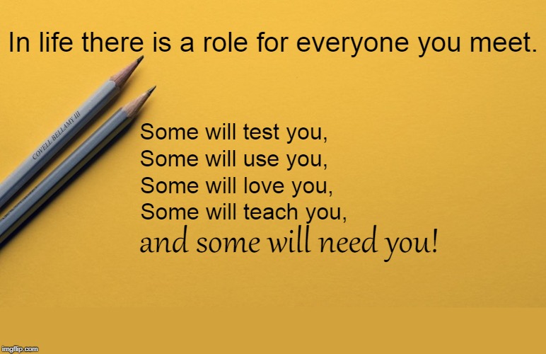 Everyone Has A Role | In life there is a role for everyone you meet. Some will test you, COVELL BELLAMY III; Some will use you, Some will love you, Some will teach you, and some will need you! | image tagged in everyone has a role | made w/ Imgflip meme maker