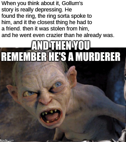 Gollum lord of the rings | When you think about it, Gollum's story is really depressing. He found the ring, the ring sorta spoke to him, and it the closest thing he had to a friend. then it was stolen from him, and he went even crazier than he already was. AND THEN YOU REMEMBER HE'S A MURDERER | image tagged in gollum lord of the rings | made w/ Imgflip meme maker