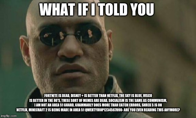 Matrix Morpheus Meme | WHAT IF I TOLD YOU; FORTNITE IS DEAD, DISNEY + IS BETTER THAN NETFLIX, THE SKY IS BLUE, VISCO IS BETTER IN THE 80'S, THESE SORT OF MEMES ARE DEAD, SOCIALISM IS THE SAME AS COMMUNISM, I AM NOT AN AREA 51 GUARD, GRAMMARLY DOES MORE THAN CATCH ERRORS, SHREK 5 IS ON NETFLIX, MINECRAFT 2 IS BEING MADE IN AREA 51 QWERTYUIOP1234567890- ARE YOU EVEN READING THIS ANYMORE? | image tagged in memes,matrix morpheus | made w/ Imgflip meme maker
