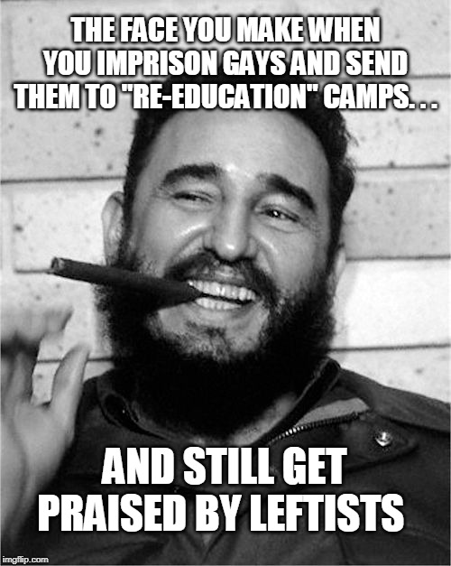 Fidel Castro | THE FACE YOU MAKE WHEN YOU IMPRISON GAYS AND SEND THEM TO "RE-EDUCATION" CAMPS. . . AND STILL GET PRAISED BY LEFTISTS | image tagged in fidel castro,leftists,communist,the face you make when,gays,memes,EnoughCommieSpam | made w/ Imgflip meme maker