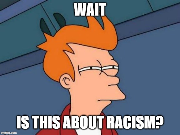 Futurama Fry Meme | WAIT IS THIS ABOUT RACISM? | image tagged in memes,futurama fry | made w/ Imgflip meme maker