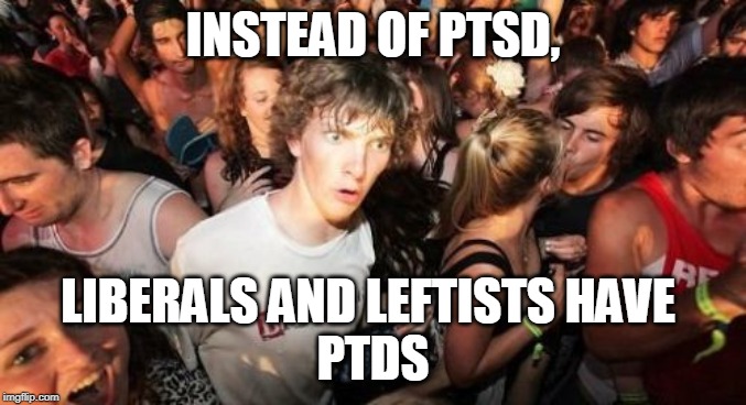 Sudden Clarity Clarence Meme | INSTEAD OF PTSD, LIBERALS AND LEFTISTS HAVE 
PTDS | image tagged in memes,sudden clarity clarence | made w/ Imgflip meme maker