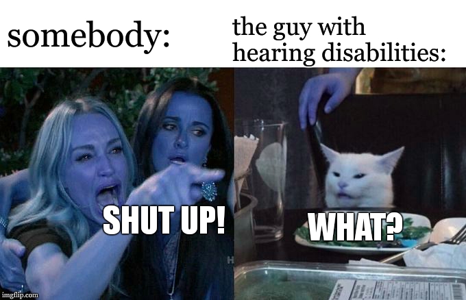 Woman Yelling At Cat Meme | somebody:; the guy with hearing disabilities:; SHUT UP! WHAT? | image tagged in memes,woman yelling at cat | made w/ Imgflip meme maker