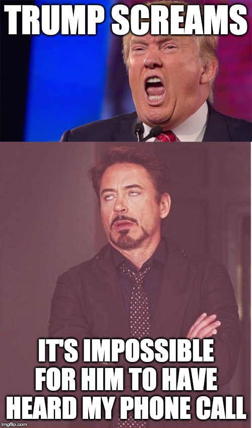Yes he's so subtle...NOT! | TRUMP SCREAMS; IT'S IMPOSSIBLE FOR HIM TO HAVE HEARD MY PHONE CALL | image tagged in face you make robert downey jr,loud mouth,trump is loud | made w/ Imgflip meme maker