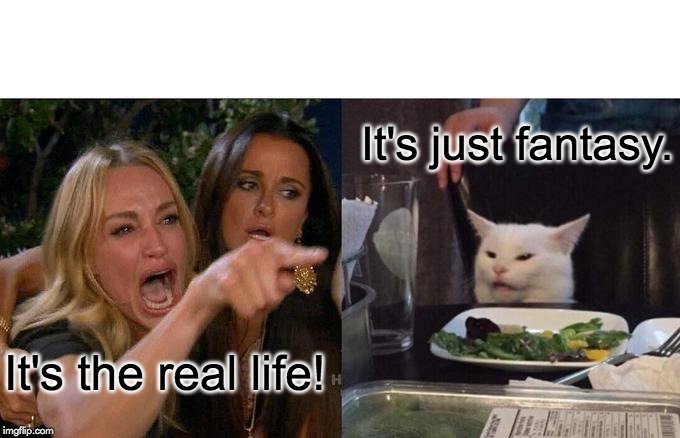 It's Just Fantasy. | It's just fantasy. It's the real life! | image tagged in memes,woman yelling at cat,bohemian rhapsody,real life,just fantasy,is this the real life | made w/ Imgflip meme maker