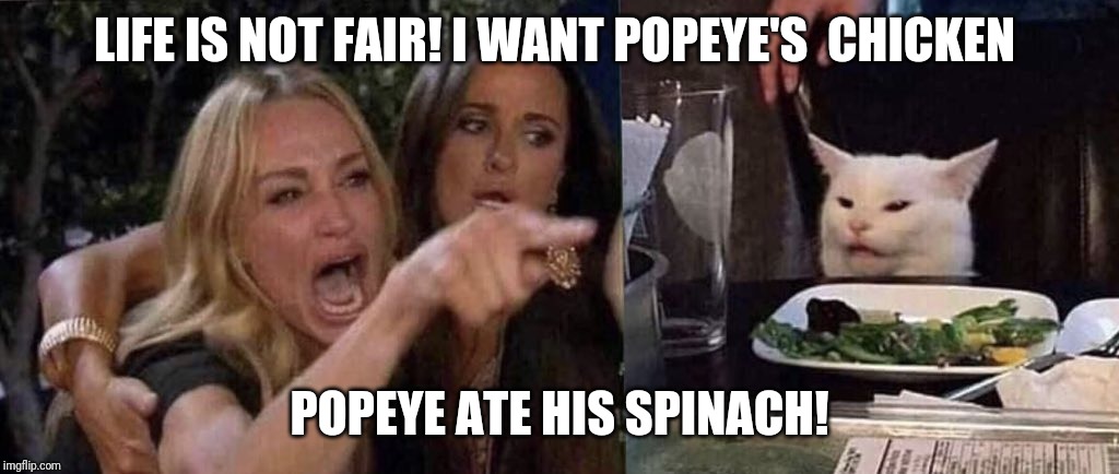 woman yelling at cat | LIFE IS NOT FAIR! I WANT POPEYE'S  CHICKEN; POPEYE ATE HIS SPINACH! | image tagged in woman yelling at cat | made w/ Imgflip meme maker