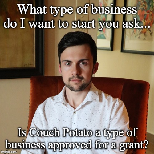  What type of business do I want to start you ask... Is Couch Potato a type of business approved for a grant? | image tagged in lying entrepreneur guy | made w/ Imgflip meme maker