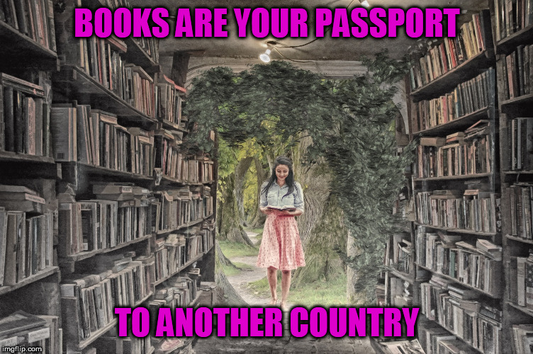 another country | BOOKS ARE YOUR PASSPORT; TO ANOTHER COUNTRY | image tagged in books,passport,country,reading | made w/ Imgflip meme maker