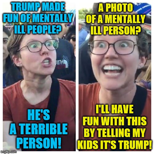 Social Justice Warrior Hypocrisy | TRUMP MADE FUN OF MENTALLY ILL PEOPLE? HE'S A TERRIBLE PERSON! A PHOTO OF A MENTALLY ILL PERSON? I'LL HAVE FUN WITH THIS BY TELLING MY KIDS  | image tagged in social justice warrior hypocrisy | made w/ Imgflip meme maker