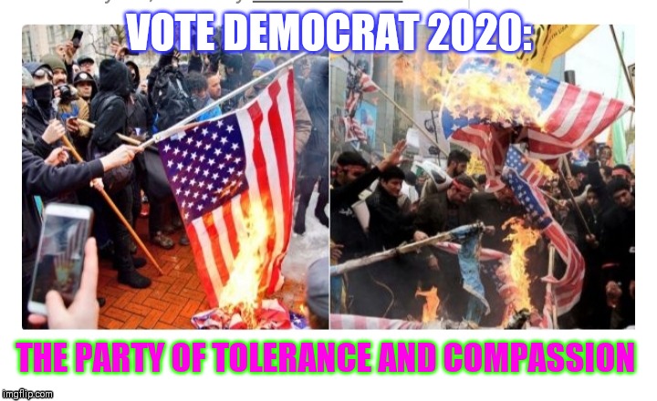 VOTE DEMOCRAT 2020:; THE PARTY OF TOLERANCE AND COMPASSION | image tagged in democrats | made w/ Imgflip meme maker