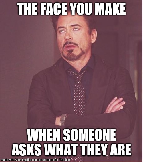 Face You Make Robert Downey Jr Meme | THE FACE YOU MAKE; WHEN SOMEONE ASKS WHAT THEY ARE | image tagged in memes,face you make robert downey jr | made w/ Imgflip meme maker