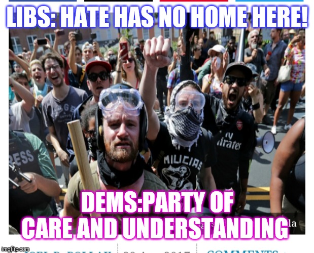 LIBS: HATE HAS NO HOME HERE! DEMS:PARTY OF CARE AND UNDERSTANDING | image tagged in democrats | made w/ Imgflip meme maker