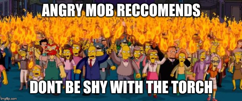 Simpsons angry mob torches | ANGRY MOB RECCOMENDS; DONT BE SHY WITH THE TORCH | image tagged in simpsons angry mob torches | made w/ Imgflip meme maker