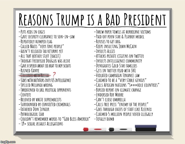 This is Colbert's list.  A good starting point for something more comprehensive. | . | image tagged in memes,impeach trump,talking points,colbert | made w/ Imgflip meme maker