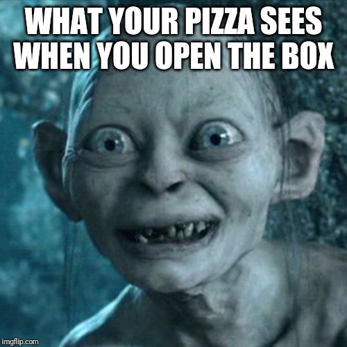 Gollum Meme | WHAT YOUR PIZZA SEES WHEN YOU OPEN THE BOX | image tagged in memes,gollum | made w/ Imgflip meme maker