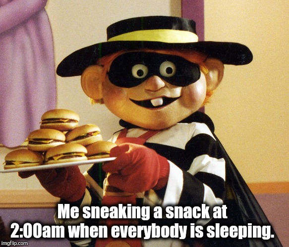 Snack Sneaker | Me sneaking a snack at 2:00am when everybody is sleeping. | image tagged in late night snack,hamburgler | made w/ Imgflip meme maker